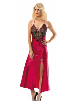 Sistina 054 Yırtmaçlı Desenli Uzun Saten Gecelik Fuşya