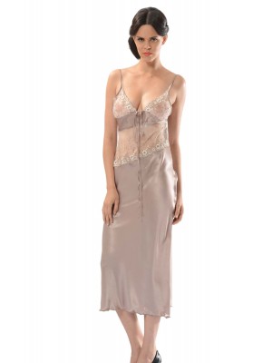 Sistina 056 Dantelli Desenli Uzun Saten Gecelik Vizon