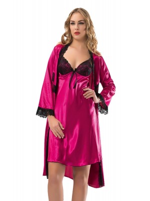 Sistina 1419 Saten Gecelik Sabahlık Takım Fuşya