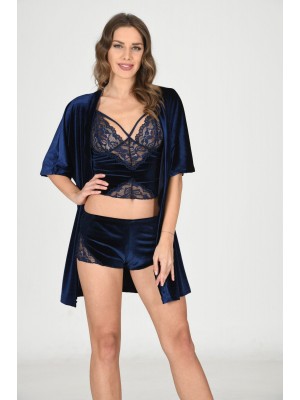 Sistina 1432 Kadife 3'Lü Takım Saks Mavi