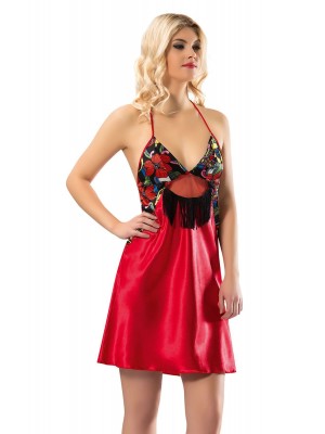 Sistina 349 Püsküllü Saten Gecelik Kırmızı