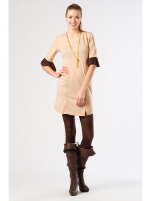 ARKADAN FERMUARLI,KOLU FIRFIRLI BEJ BAYAN ELBİSE