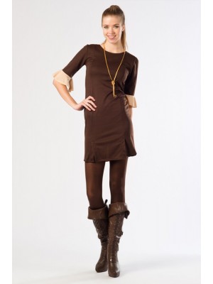 ARKADAN FERMUARLI,KOLU FIRFIRLI KAHVERENGİ BAYAN ELBİSE