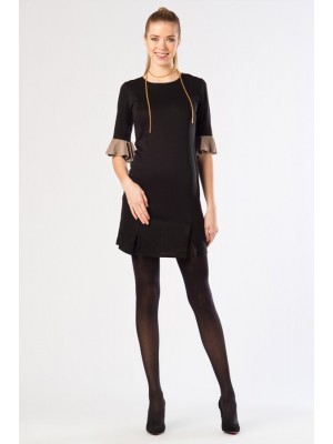 ARKADAN FERMUARLI,KOLU FIRFIRLI SİYAH BAYAN ELBİSE