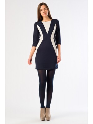 ÜZERİ BEYAZ ŞERİTLİ LACİVERT BAYAN ELBİSE