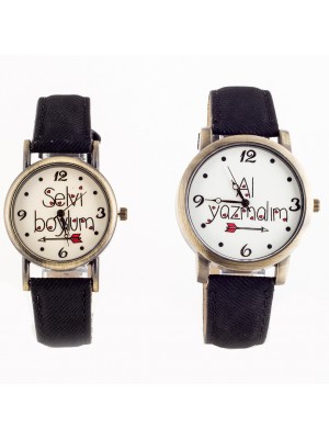 BAY BAYAN TAKIM SELVİ BOYLUM AL YAZMALIM SİYAH KORDON  SAAT