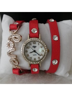 LOVE KIRMIZI KORDONLU TASARIM BAYAN KOL  SAATİ