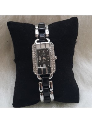 GÜMÜŞ İNCE KORDONLU KORDONU SİYAH ŞERİTLİ ÖZEL BAYAN KOL SAAT