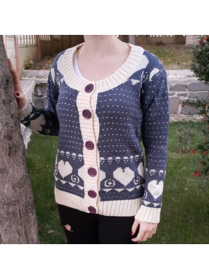 KALP DESENLİ LACİVERT-KREM  OVAL YAKA BAYAN HIRKA