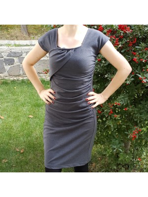 YANDAN BÜZGÜLÜ YAKA DETAYLI  FÜME BAYAN ELBİSE