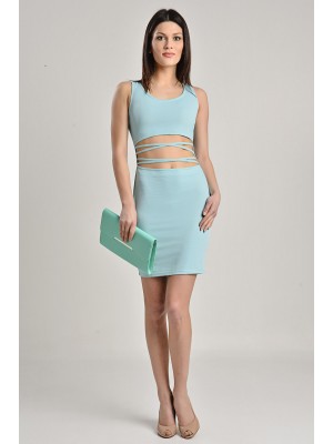 BELİ İPLİ DEKOLTELİ GÖK MAVİSİ BAYAN ELBİSE