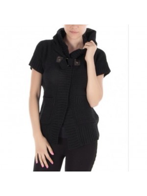 ÖNÜ DERİ DETAYLI SİYAH KISA KOLLU KAPŞONLU BAYAN TRİKO